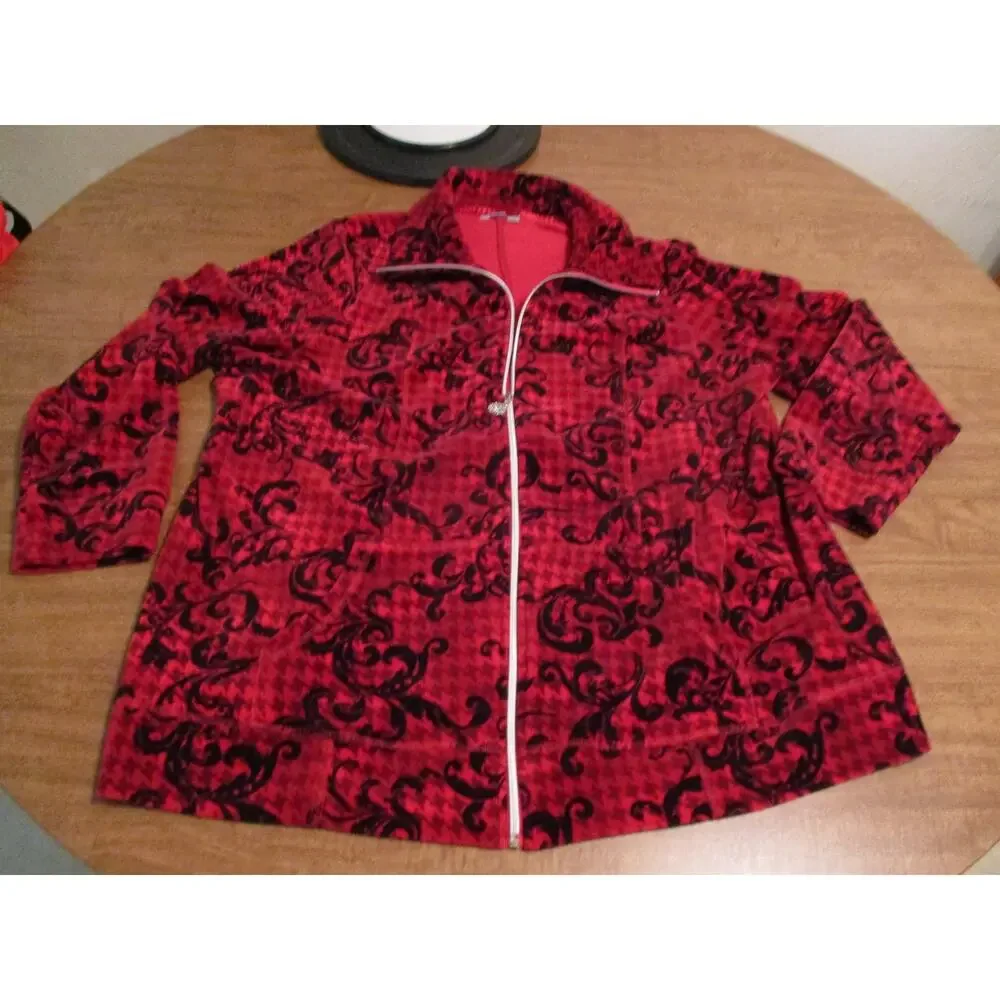 CATHERINES RED BLACK VELOUR ZIP UP FLEECE JACKET SIZE 1X